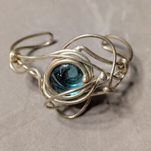 Silver Wire Wrapped Blue Topaz Color Cuff Adjustable Chunky Bohemian Bracelet